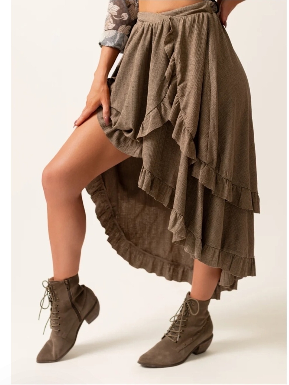 Joyfolie Olive Brown Asymmetric Ruffle Midi Skirt